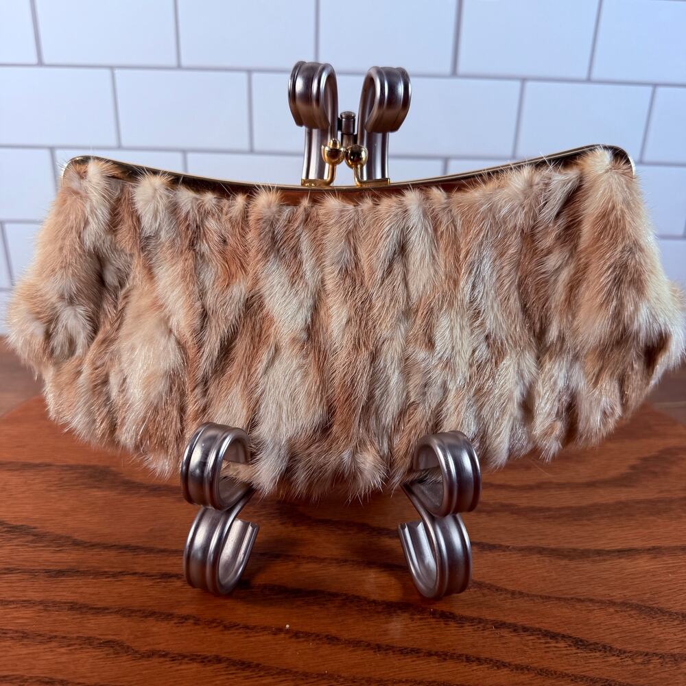 Vtg 50s Genuine Fur Evening Clutch Bag Gold Kisslock